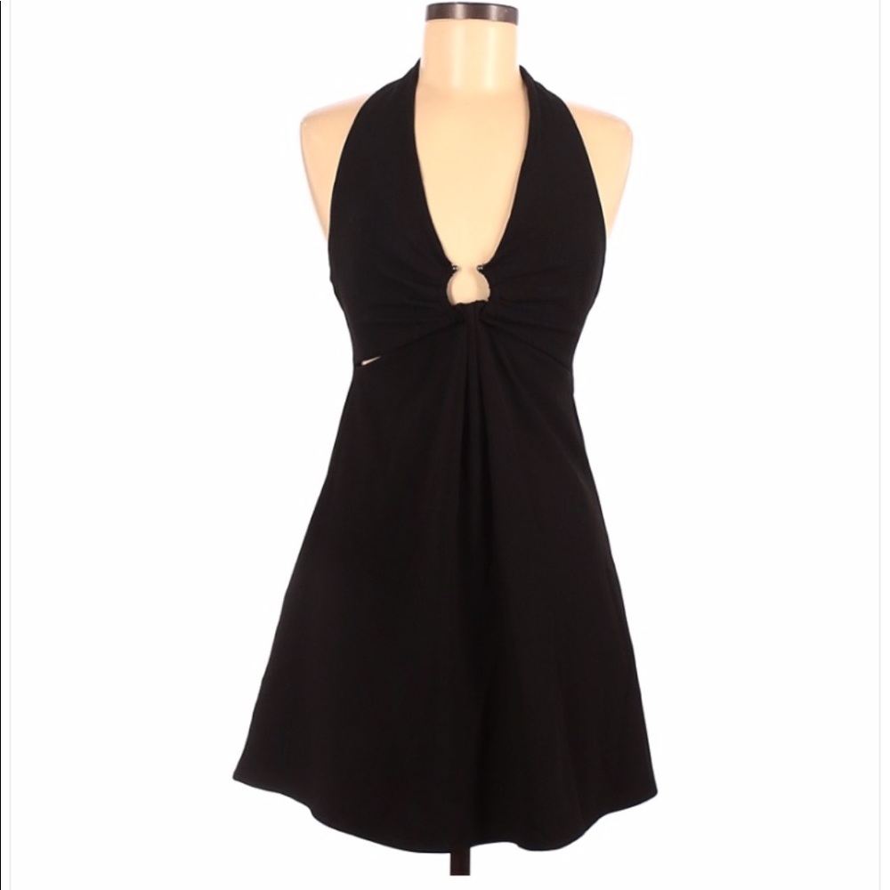 Black halter dress with two small cut outs.